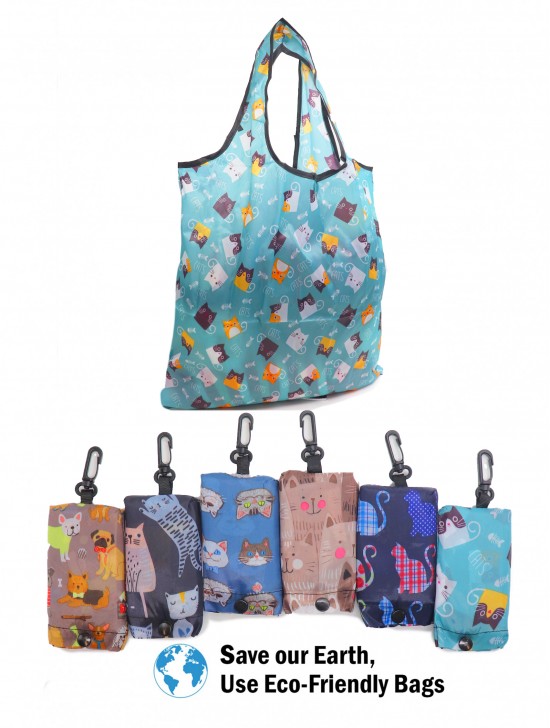 Cat & Dog Print Hook-on Reusable Foldable Shopping Bags (12pcs) 